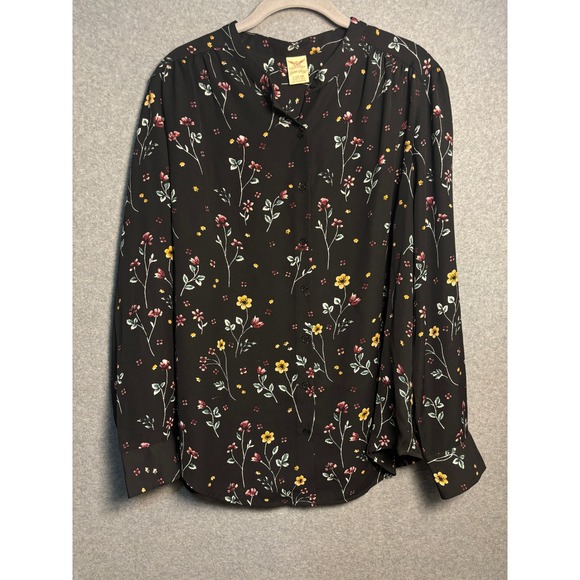 Faded Glory Tops - Faded Glory Floral Button Front Blouse Black Cottagecore Grunge Boho L